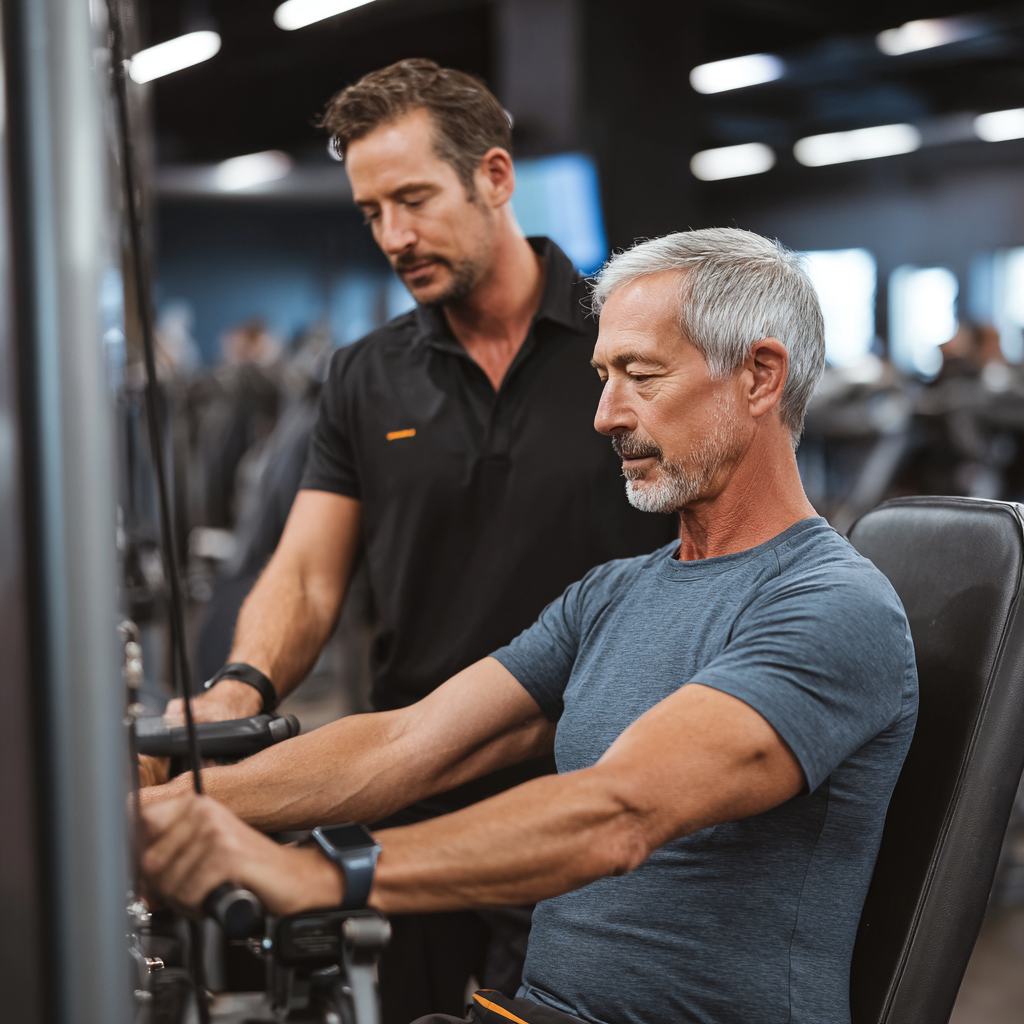 Чоловік 58 років займається на тренажерах під наглядом тренера в jubvalent