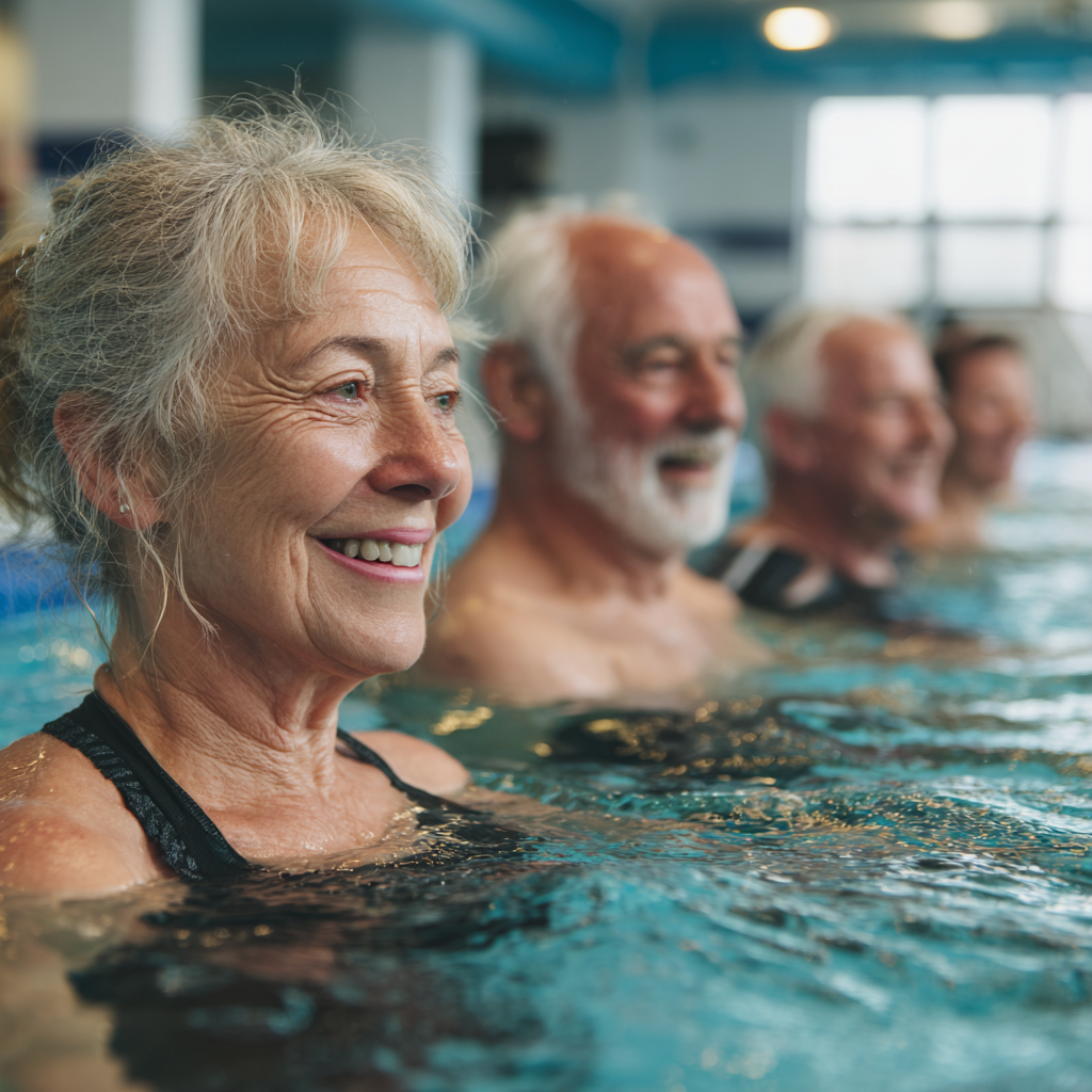 Група людей віком 50-60 років займається аква-аеробікою в басейні jubvalent