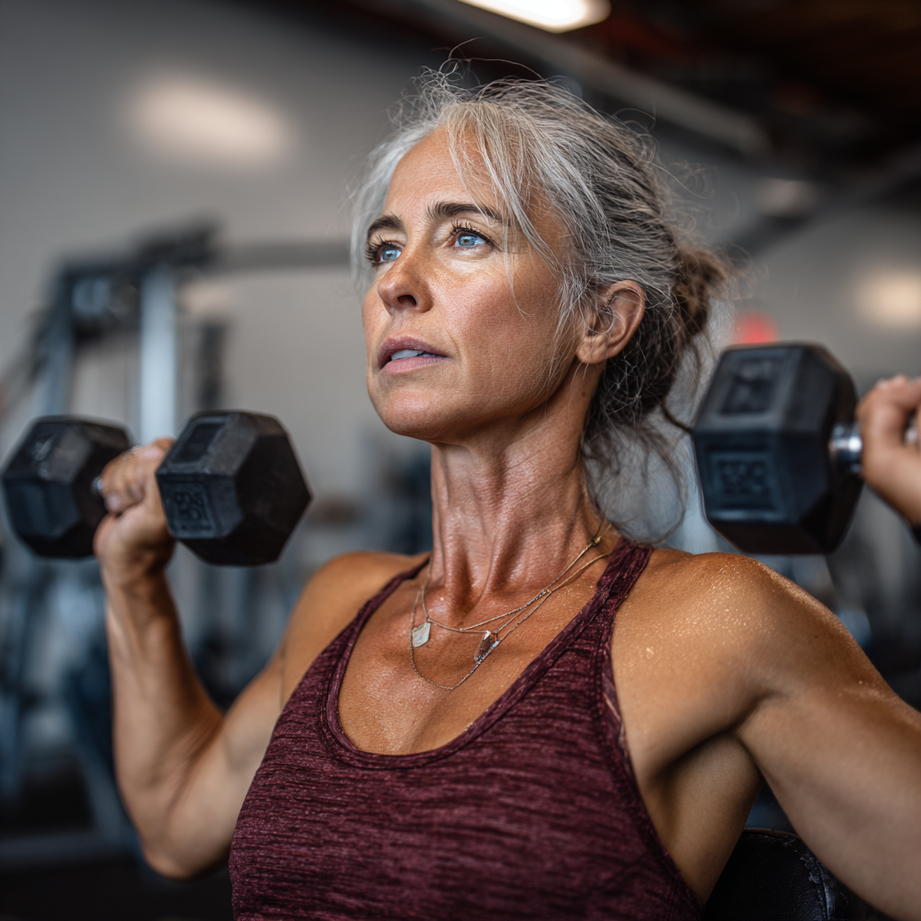 Активна жінка 55 років виконує силові вправи в тренажерному залі jubvalent